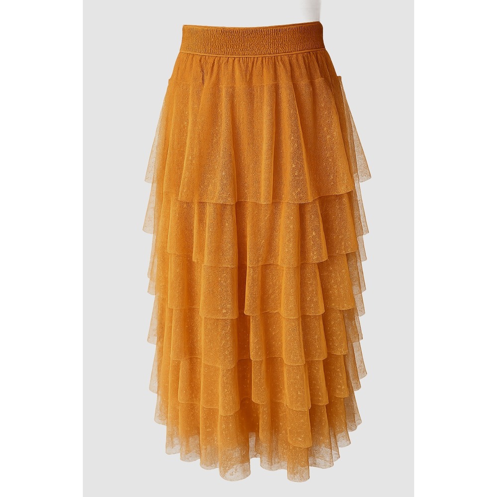 Anthropologie Tiered Tulle Maxi/Midi Skirt Mustard Point D'Esprit Dotted Mesh M - Picture 3 of 6